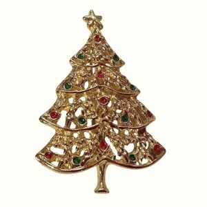 AAI‎ Christmas Tree Brooch Vintage Gold Tone Rhinestone Holiday Pin